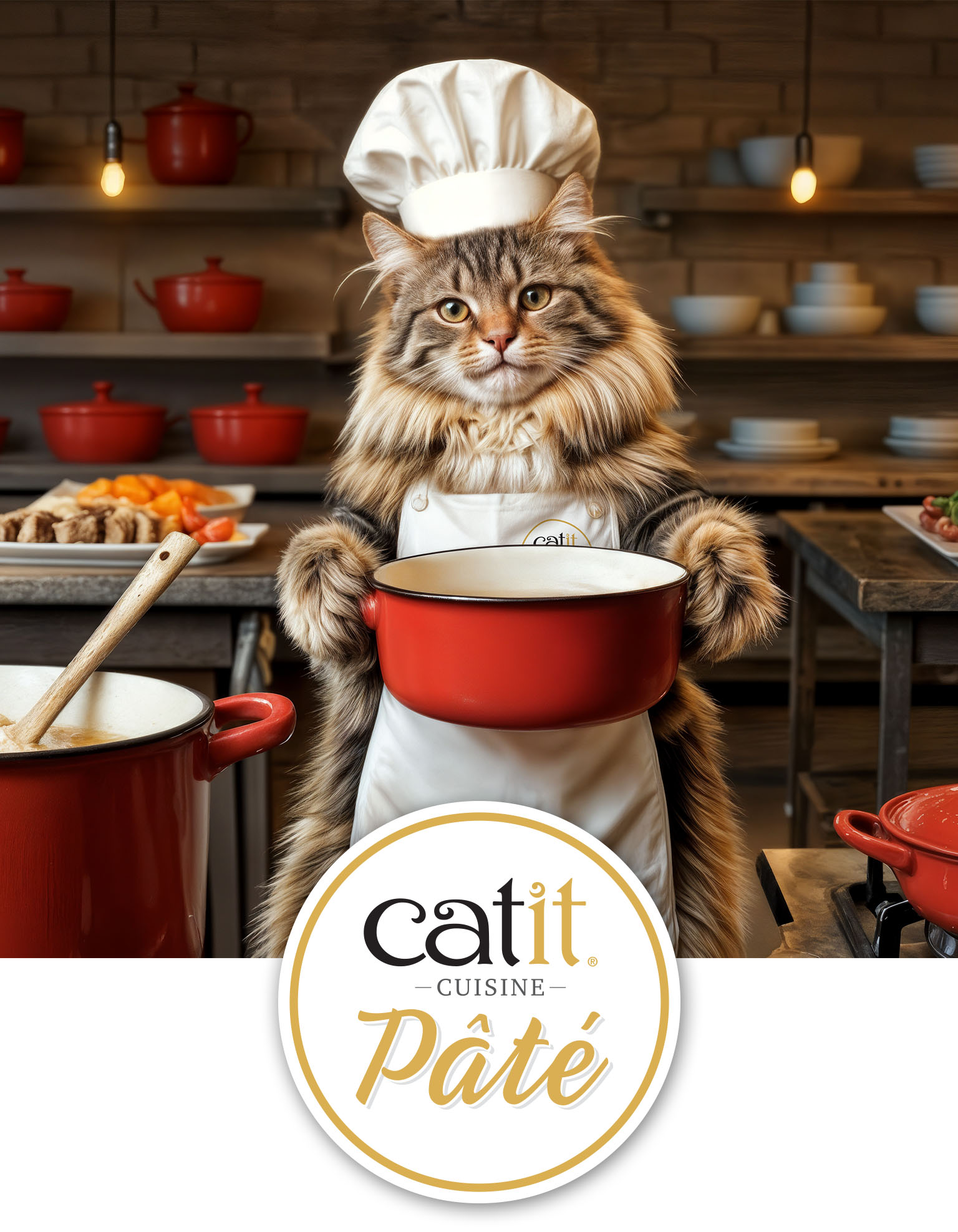 A fluffy cat wearing a chef hat and apron holds a red cooking pot in a kitchen, promoting Catit Cuisine Pâté