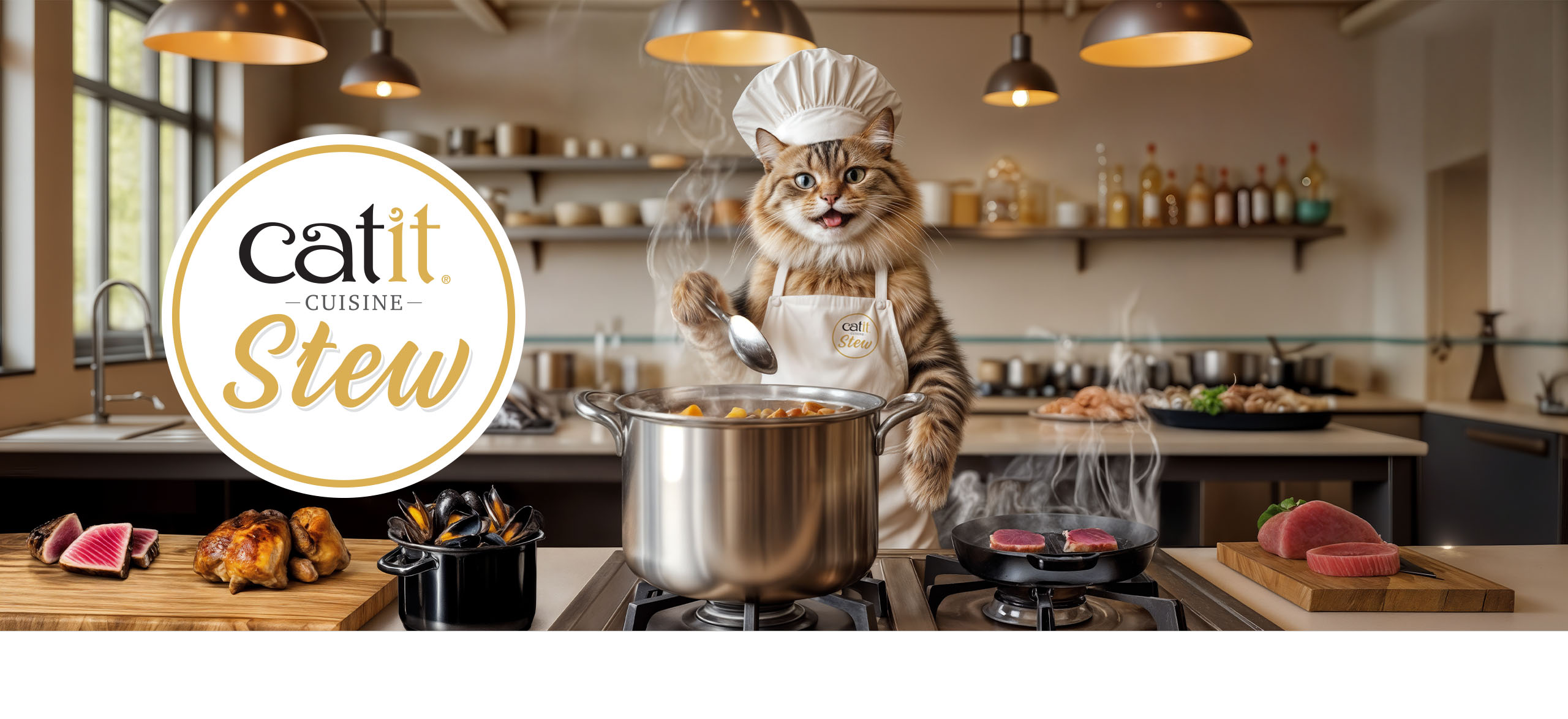 A cat wearing a chef hat and apron stirs a large pot of stew in a kitchen, with various meats and seafood on the counter