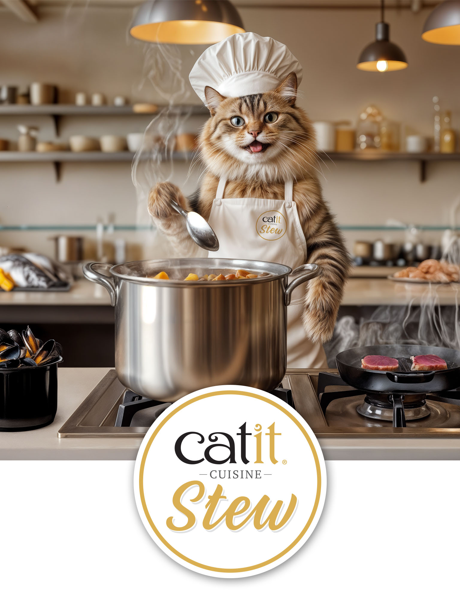 A fluffy cat wearing a chef hat and apron stirs a large pot in a kitchen, promoting Catit Cuisine Stew