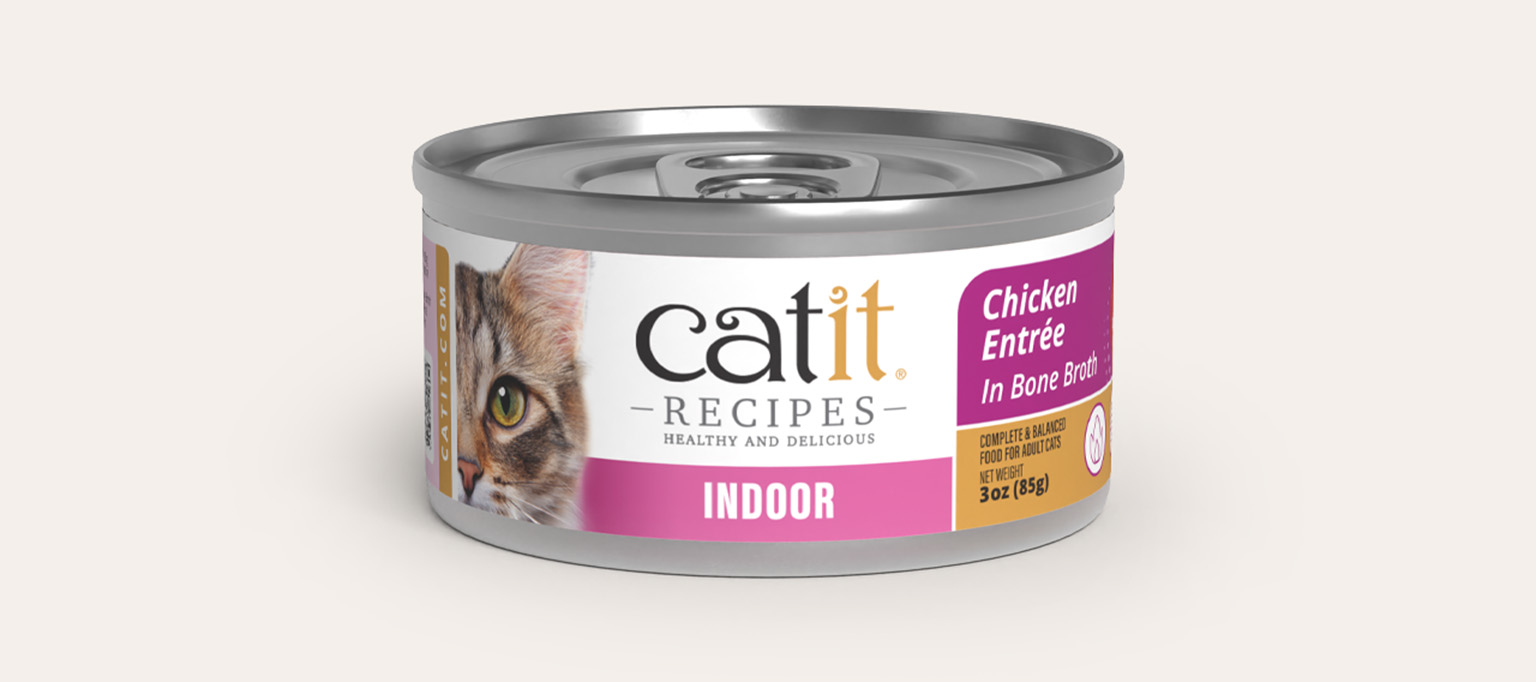 Catit Recipes Indoor Chicken Entrée in Bone Broth wet cat food in a 3-ounce can