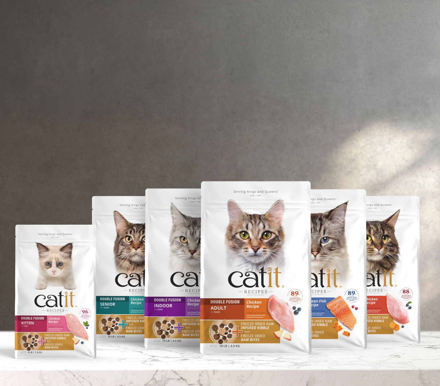Six bags of Catit Recipes cat food in various formulas, including kitten, senior, indoor, and adult varieties