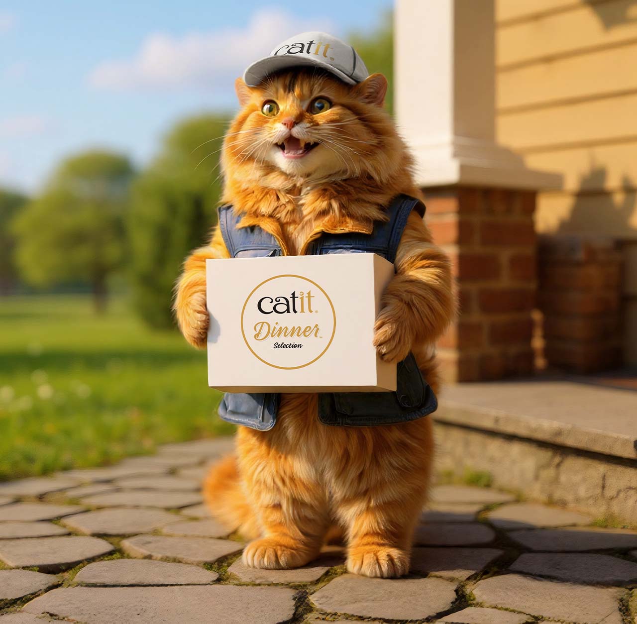 A fluffy orange cat wearing a cap and vest stands on a stone path holding Catit Dinner Selection packaging