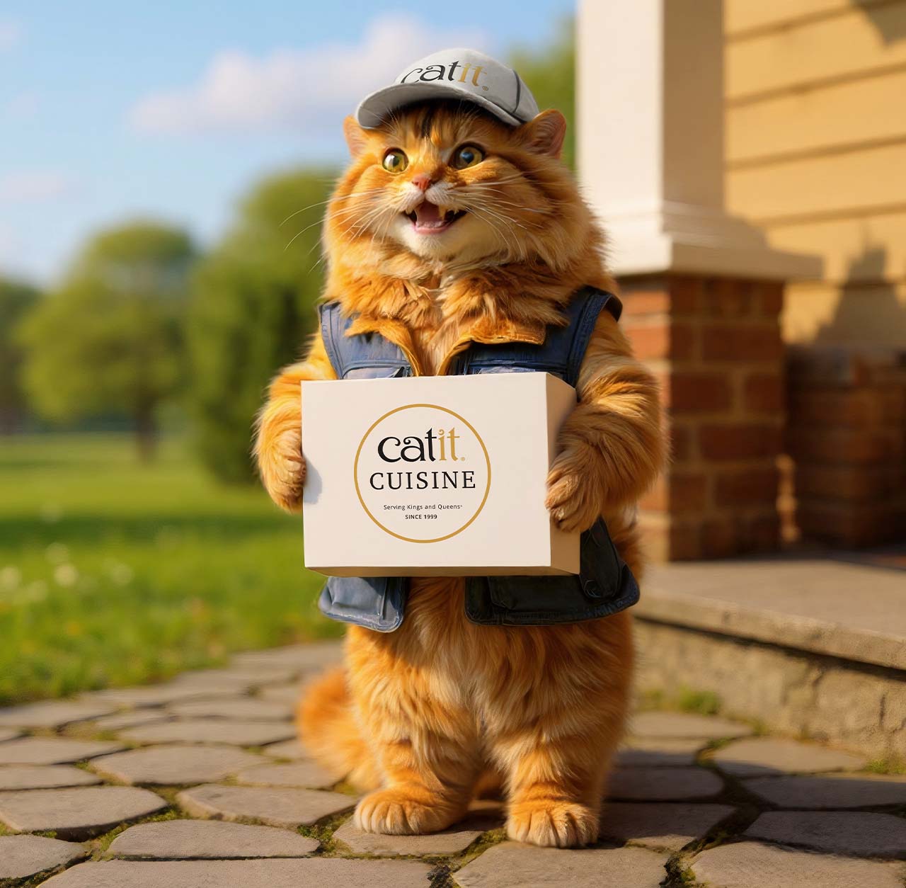 A fluffy orange cat wearing a cap and vest stands on a stone path holding Catit Cuisine packaging