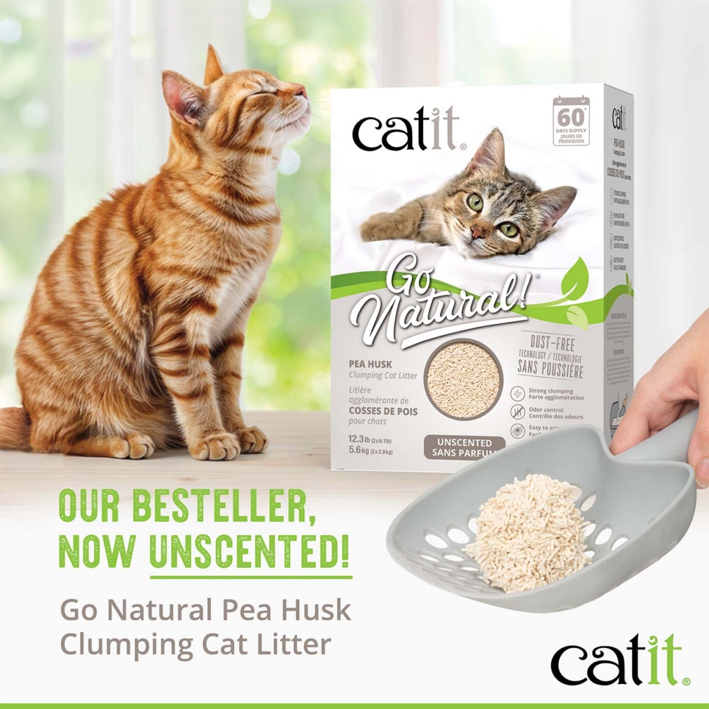 Catit Go Natural pea husk clumping cat litter packaging with a scoop of litter and an orange tabby cat