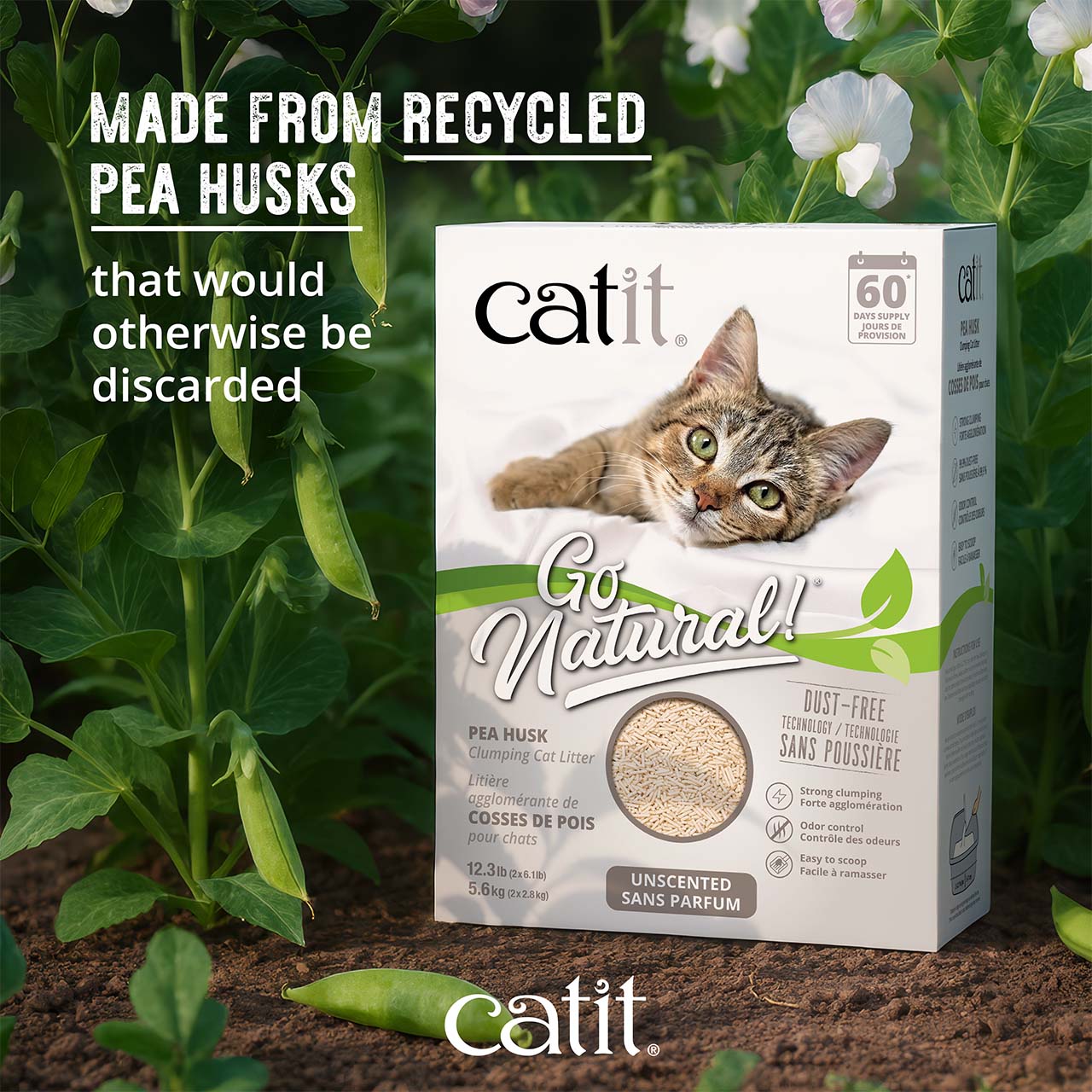 Catit Go Natural unscented clumping cat litter packaging made from recycled pea husks