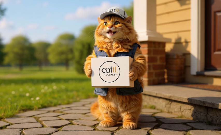 A fluffy orange cat wearing a cap and vest stands on a stone path holding a Catit Recipes package