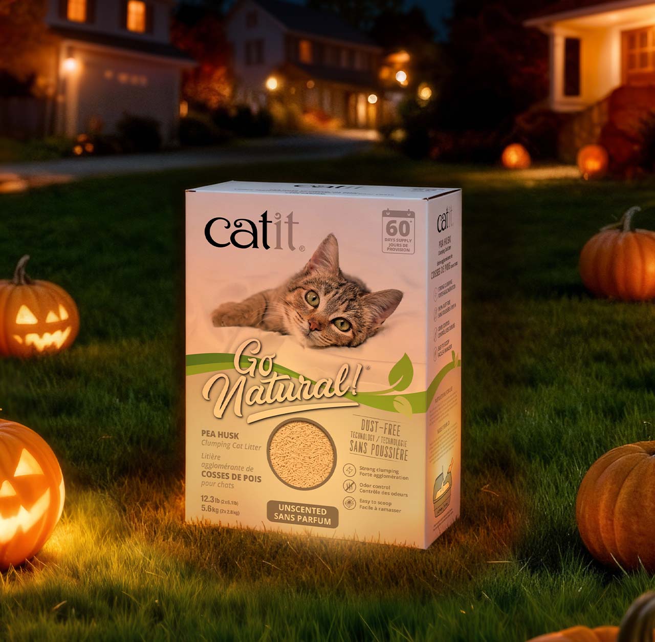 Catit Go Natural pea husk clumping cat litter packaging sitting on a lawn with jack-o'-lanterns at night