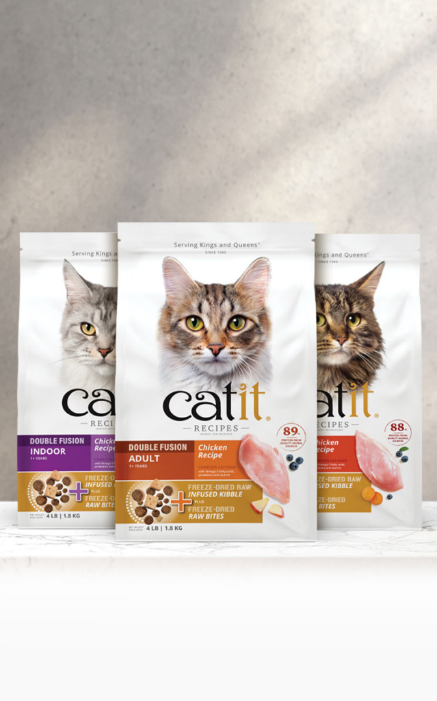 Three bags of Catit Recipes Double Fusion cat food featuring chicken recipes for indoor and adult cats
