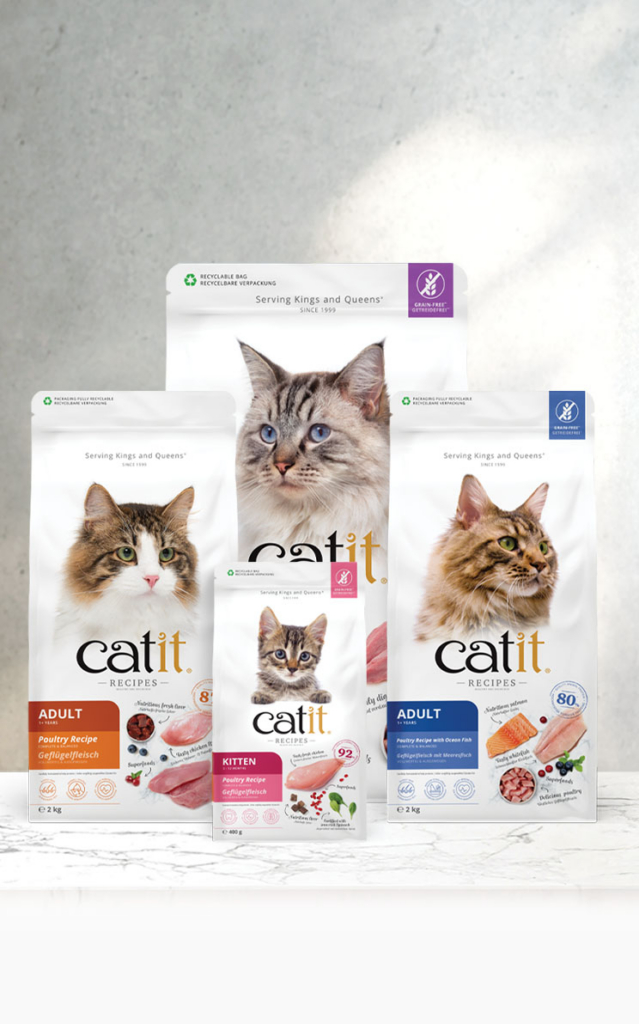 Four bags of Catit Recipes cat food, including Adult Poultry, Adult Poultry with Ocean Fish, and Kitten Poultry varieties