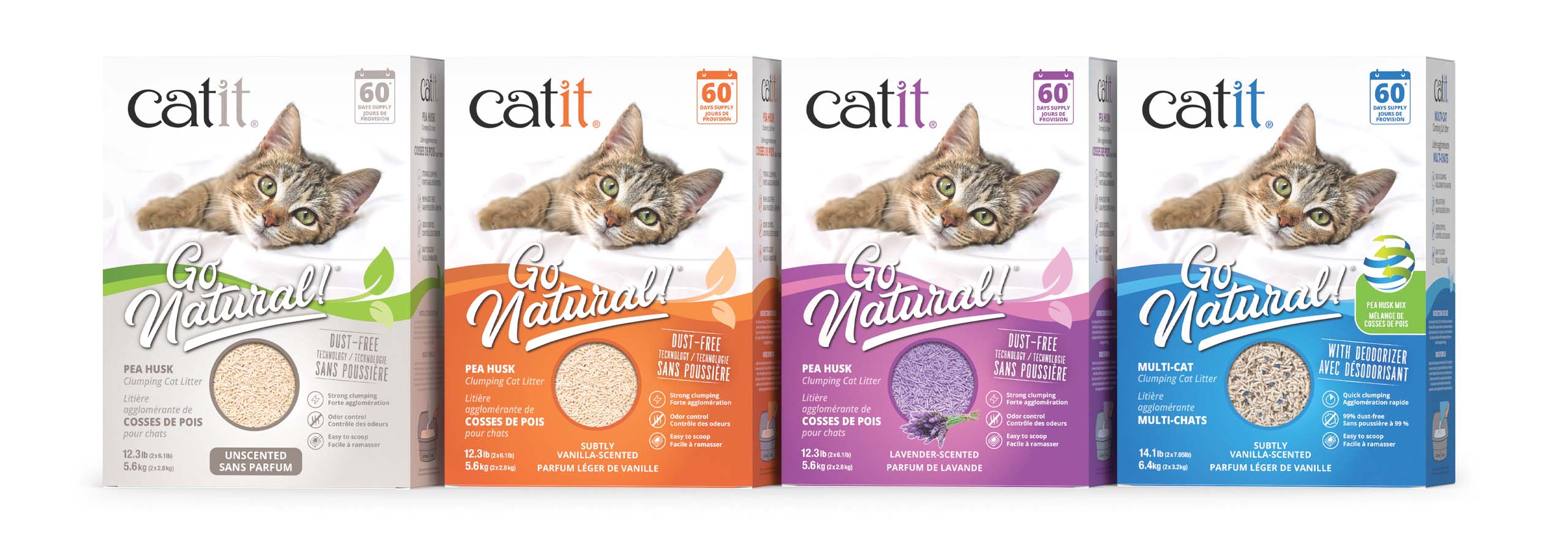 Four packages of Catit Go Natural clumping cat litter in unscented, vanilla, lavender, and multi-cat vanilla varieties
