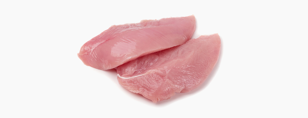 Two raw turkey breast fillets on a white background