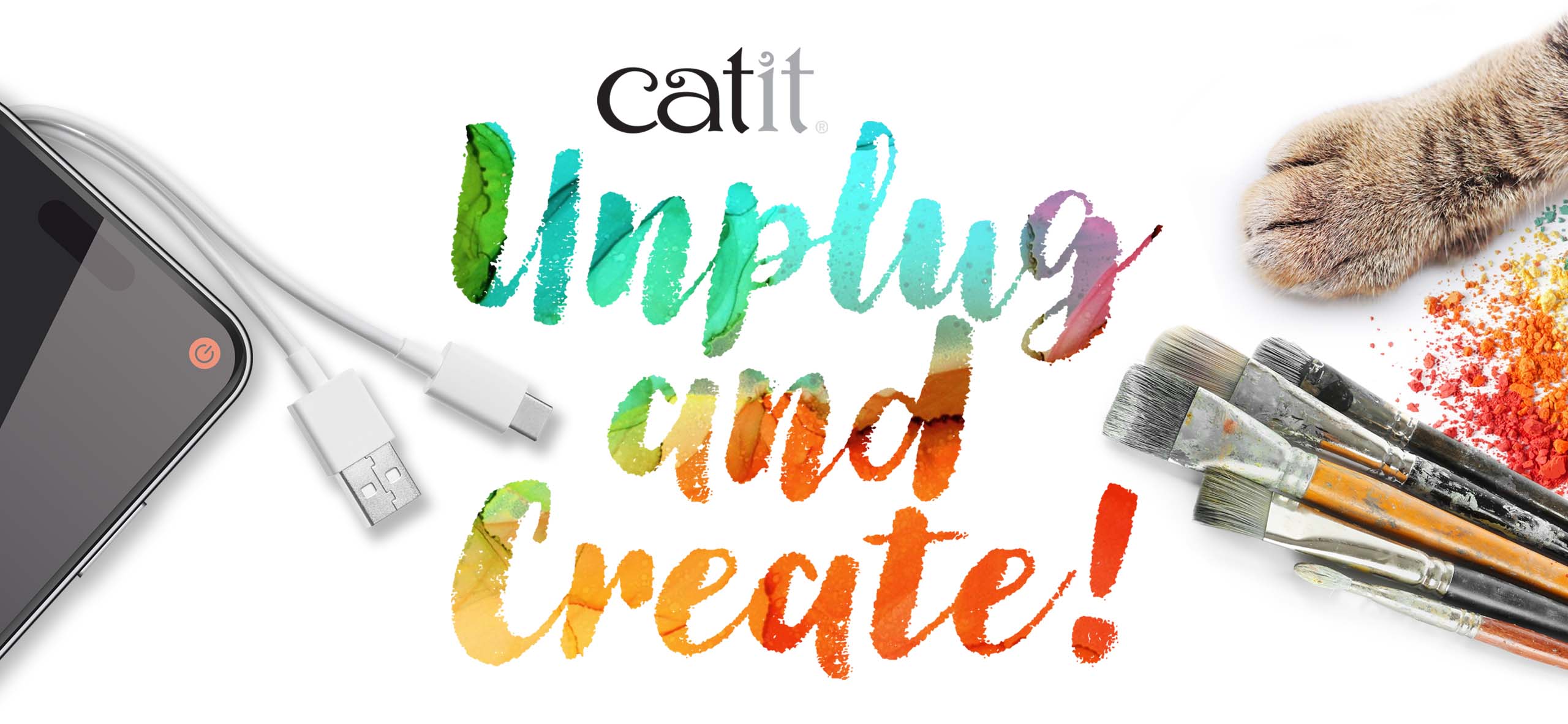 Catit promotional banner encouraging users to unplug from devices and engage in creative activities with their cats