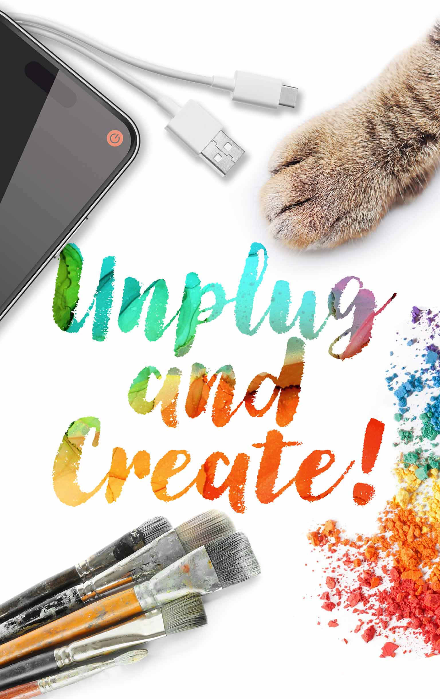 Promotional graphic for a Catit art contest encouraging people to unplug from technology and create art