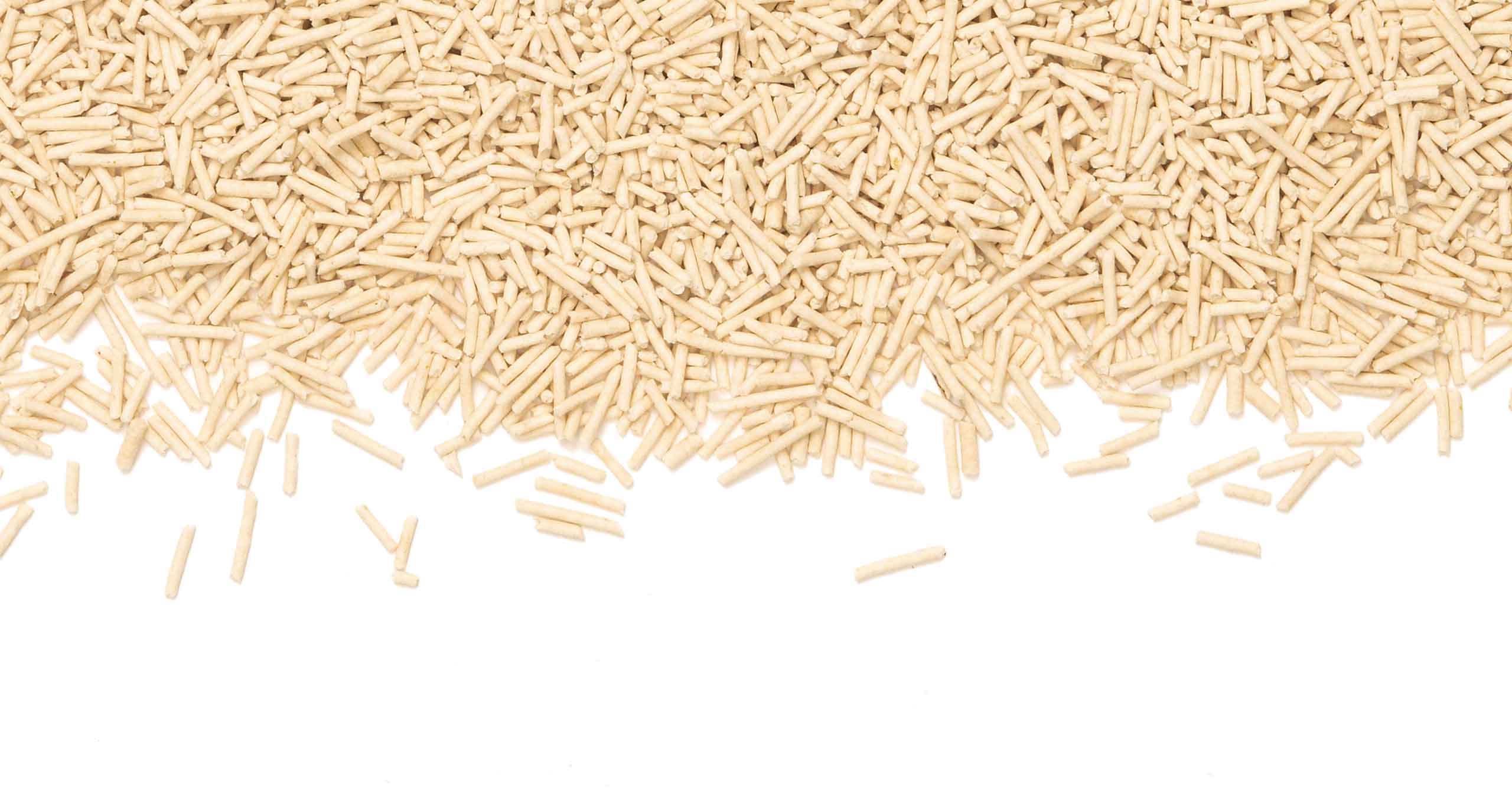 A pile of light-colored, cylindrical wood-based cat litter pellets against a white background