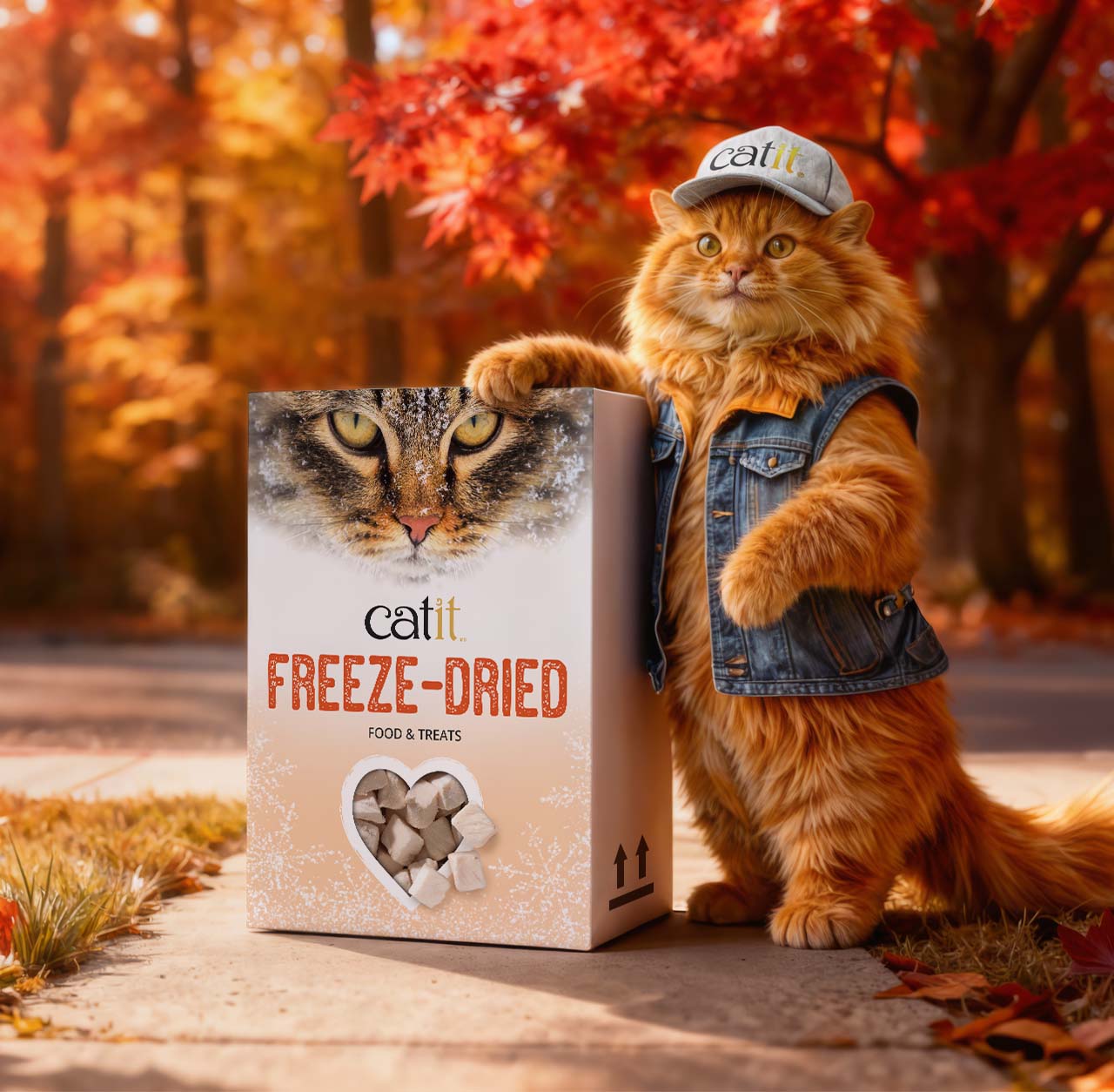 A fluffy ginger cat wearing a denim vest and a Catit cap stands next to Catit freeze-dried food and treats packaging