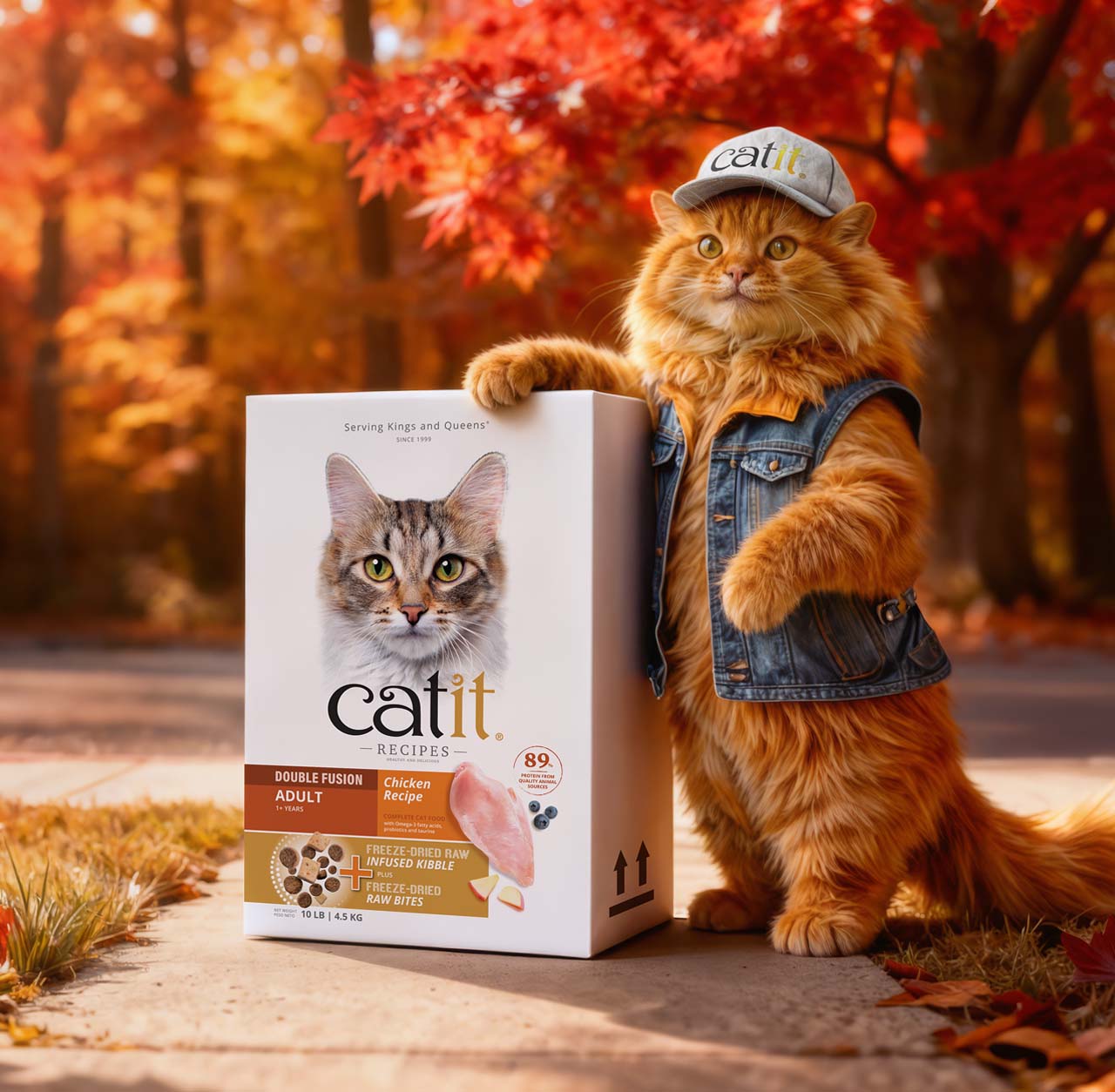 A fluffy ginger cat wearing a denim vest and a Catit cap stands next to Catit Double Fusion Chicken Recipe cat food packaging