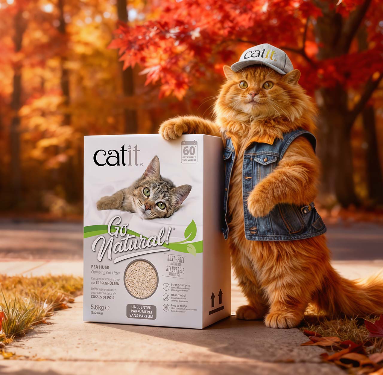 A fluffy ginger cat wearing a denim vest and a Catit cap stands next to Catit Go Natural pea husk clumping cat litter