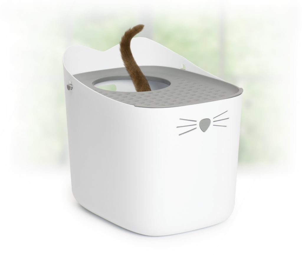 A white cat-shaped litter box with a gray lid and a cat tail sticking out of the top opening