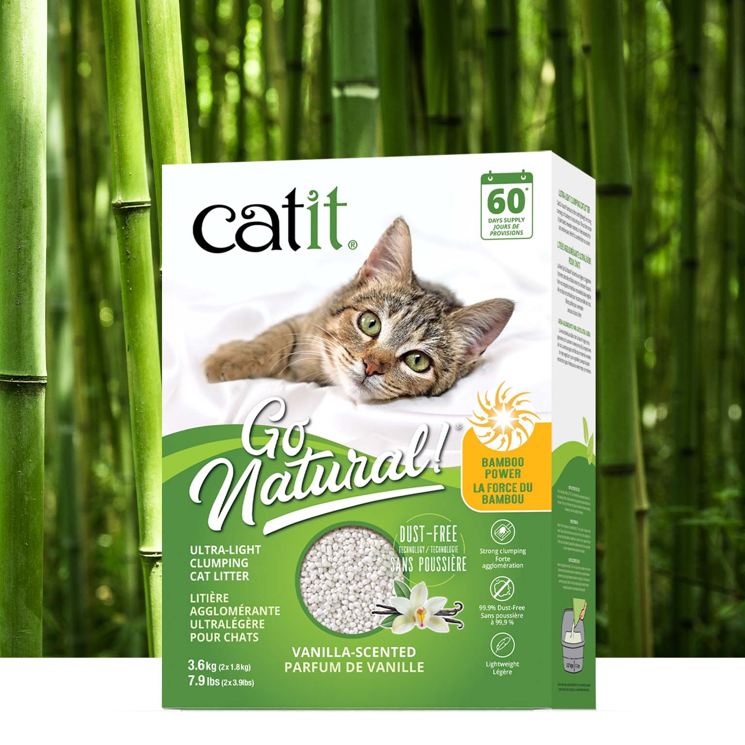 Catit Go Natural! vanilla-scented, ultra-light clumping bamboo cat litter packaging