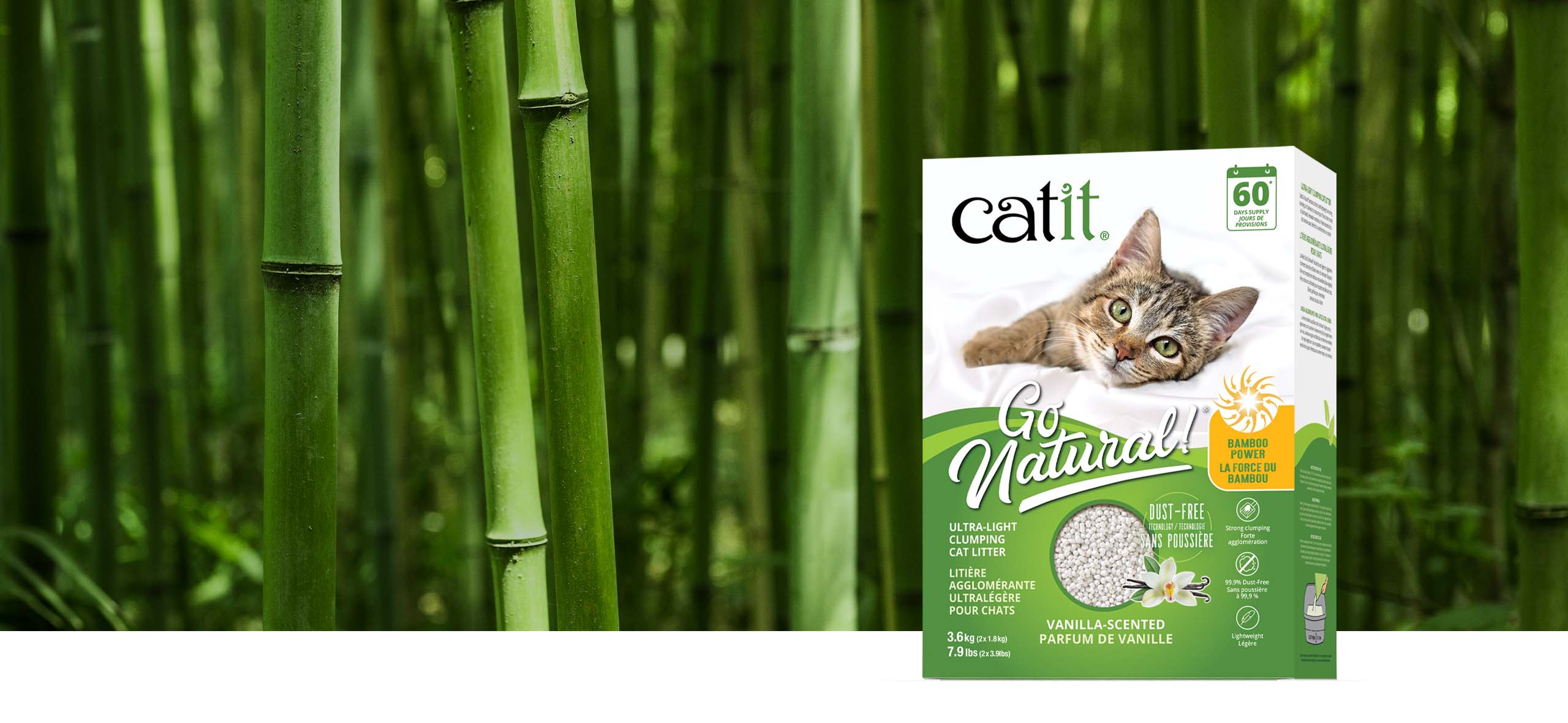 Catit Go Natural vanilla-scented bamboo cat litter packaging against a bamboo forest background