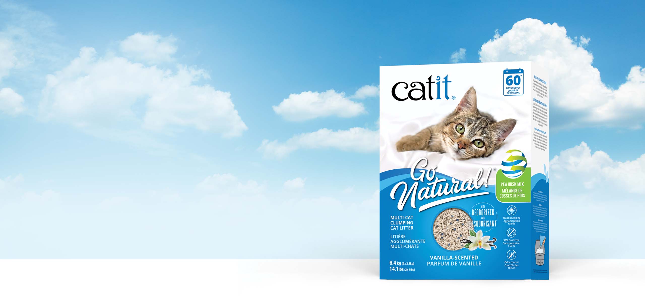 Catit Go Natural vanilla-scented multi-cat clumping pea husk cat litter packaging