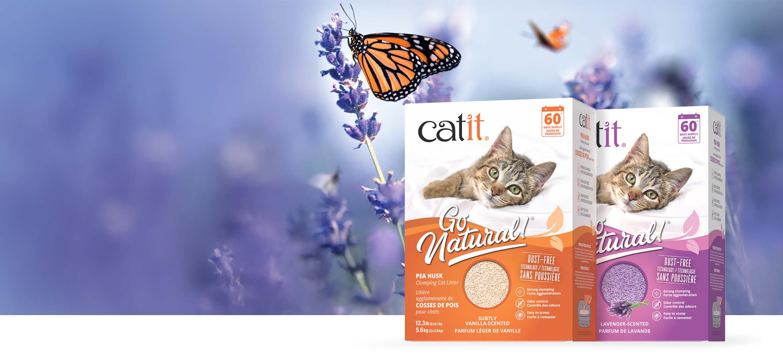 Catit Go Natural pea husk clumping cat litter packaging in vanilla and lavender scents against a lavender field background