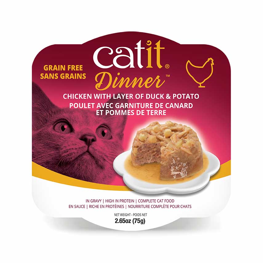 Catit Dinner grain-free wet cat food with chicken, duck, and potato in gravy, 2.65oz (75g) packaging