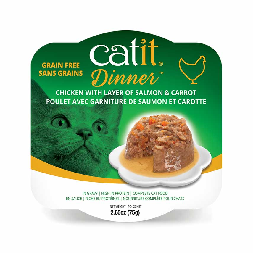 Catit Dinner grain-free chicken, salmon, and carrot wet cat food packaging