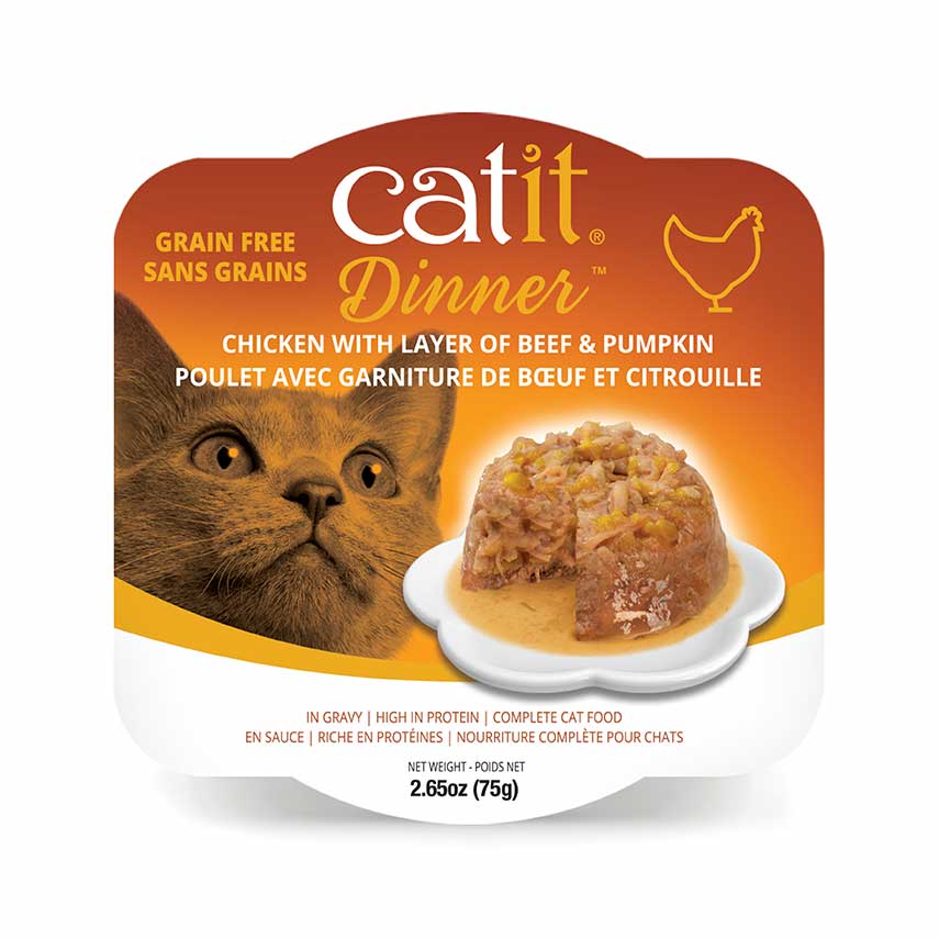 Catit Dinner grain-free chicken, beef, and pumpkin wet cat food packaging