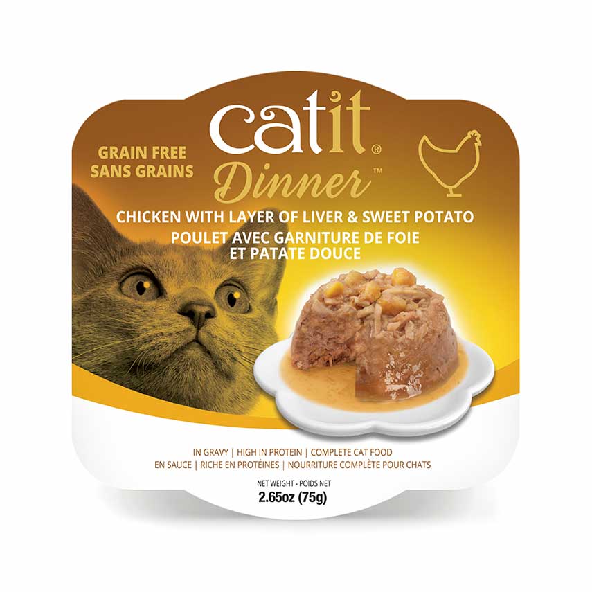 Catit Dinner grain-free chicken with liver and sweet potato wet cat food packaging