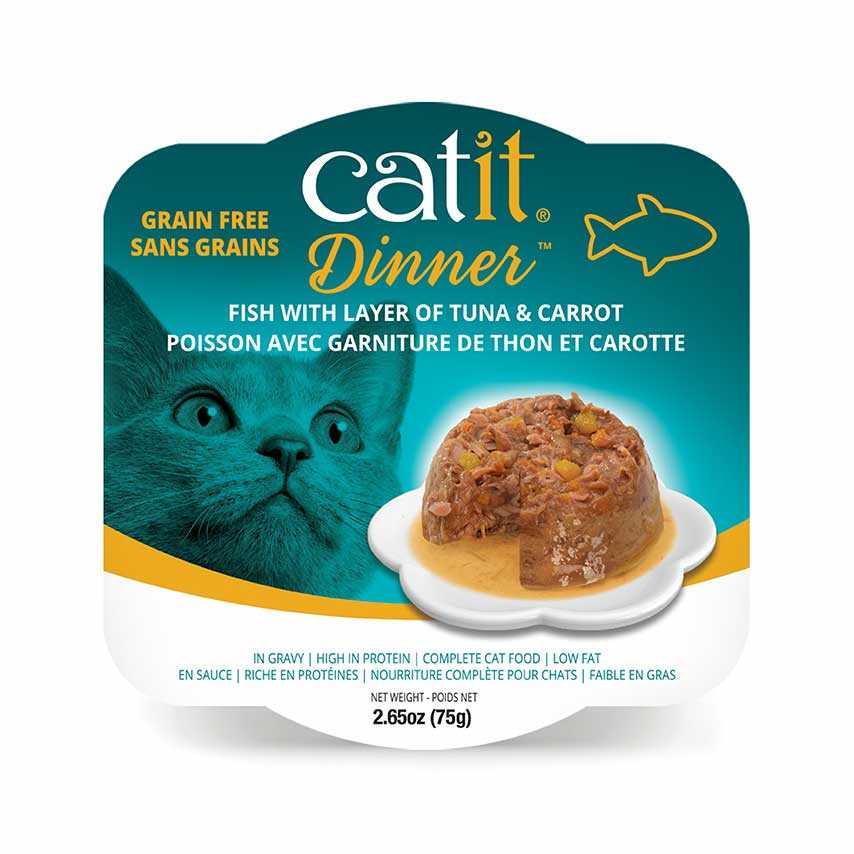 Catit Dinner grain-free wet cat food in fish with tuna and carrot flavor, 2.65oz packaging