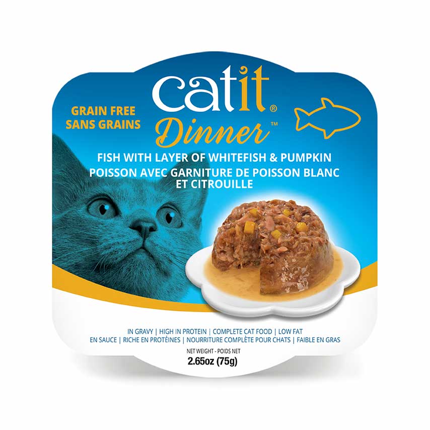 Catit Dinner grain-free wet cat food with fish, whitefish, and pumpkin in gravy