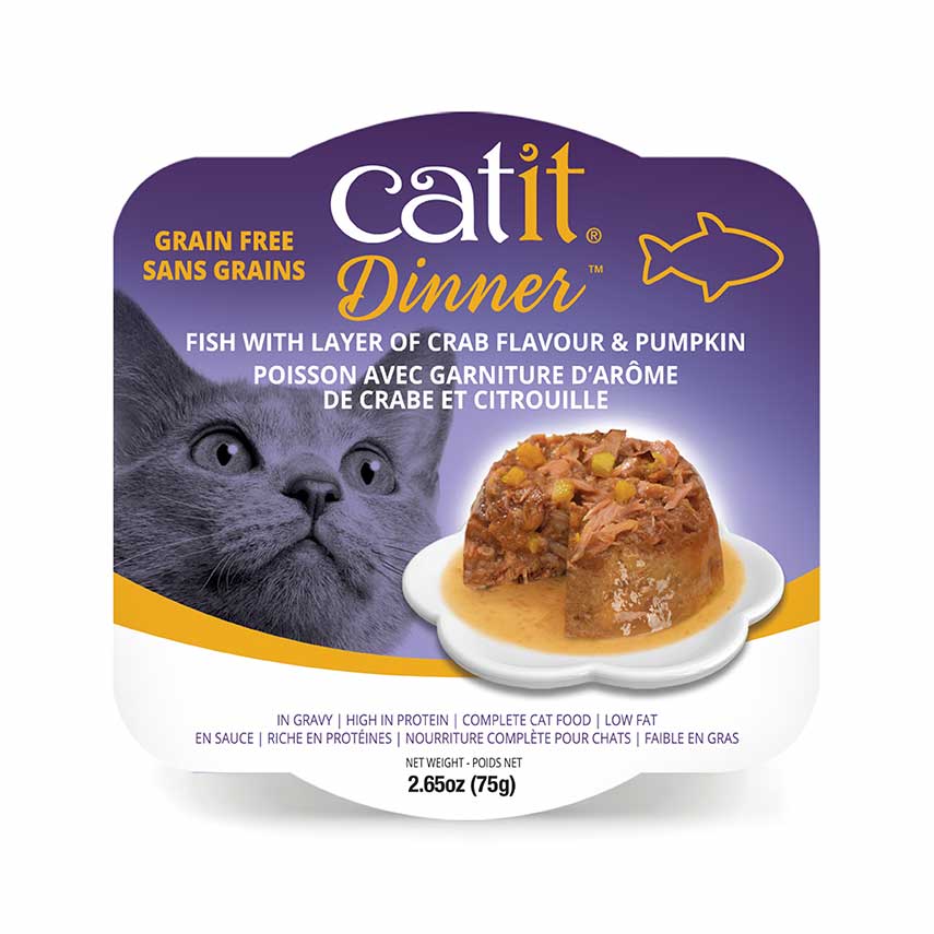 Catit Dinner wet cat food packaging featuring fish with crab flavour and pumpkin in gravy