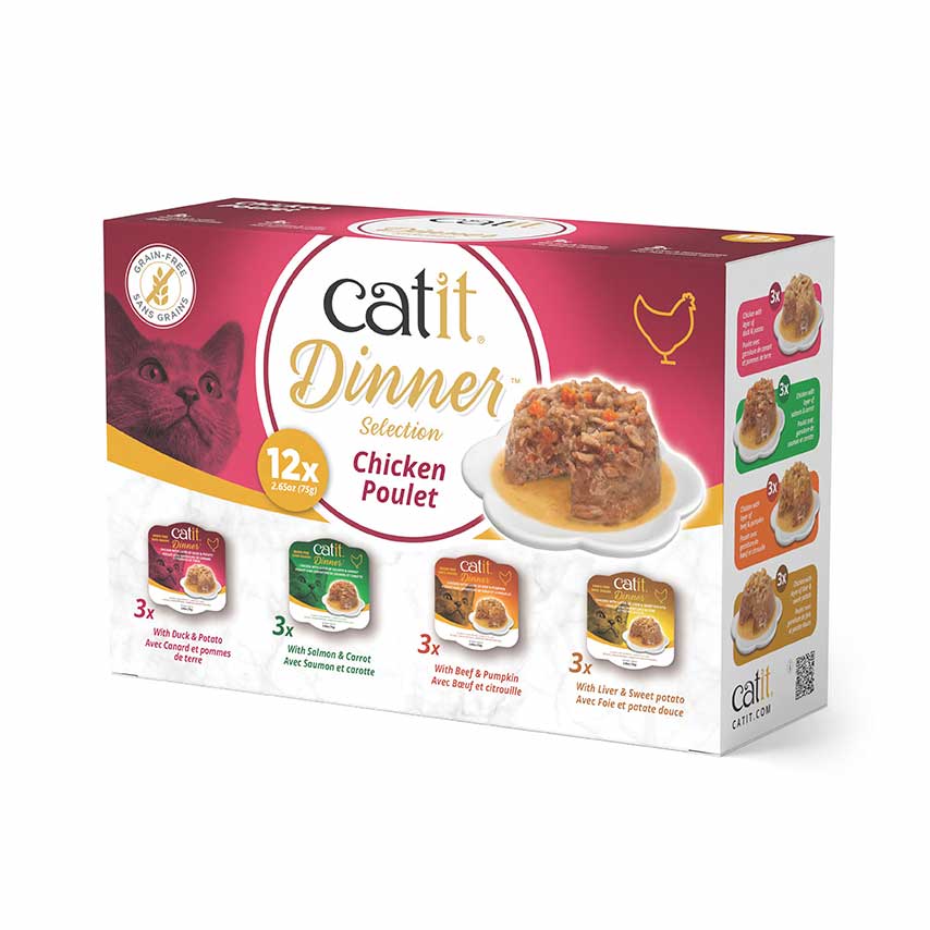 Catit Dinner Selection multipack containing 12 grain-free wet cat food pouches in four different flavors