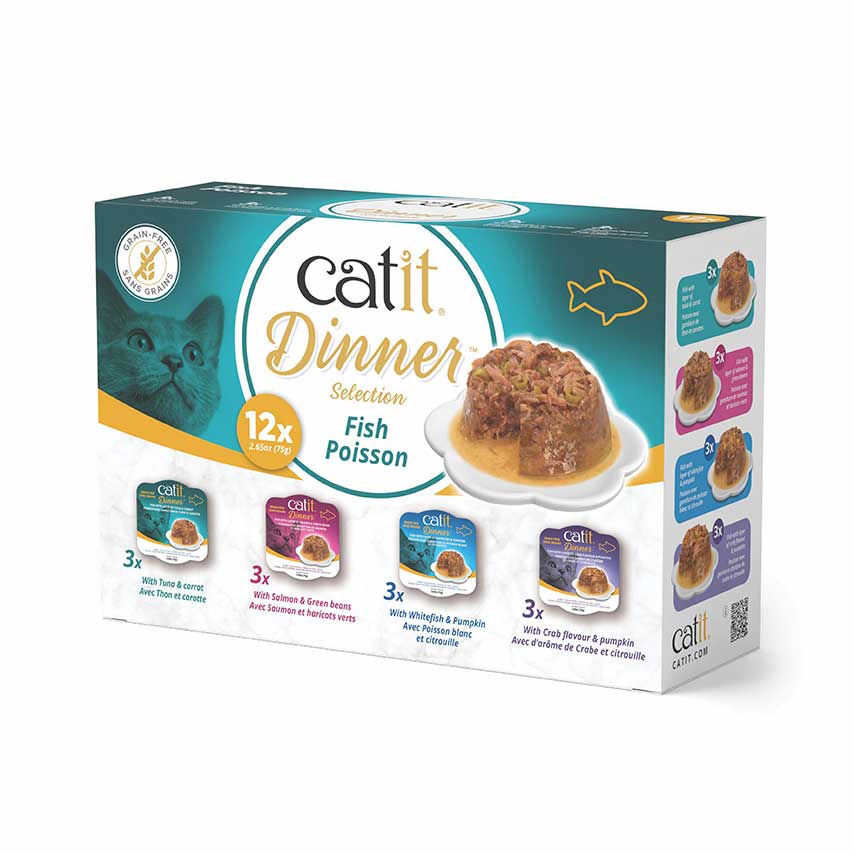 Catit Dinner Fish Selection 12-pack wet cat food variety pack featuring four different flavors