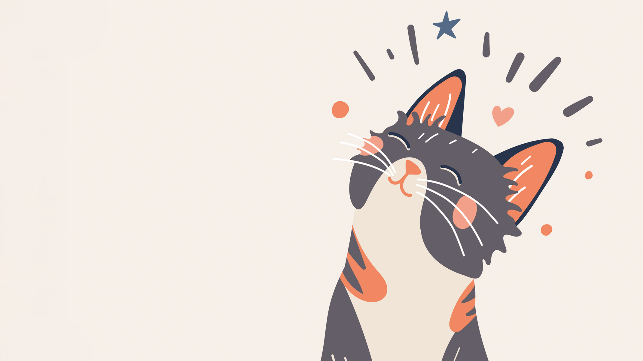 A stylized illustration of a happy, content cat looking upward with a star and heart floating above its head