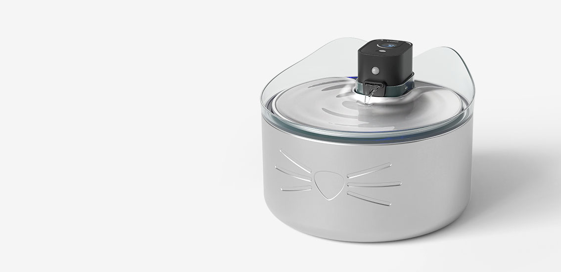 Catit PIXI Smart Fountain with UVC sterilization, featuring a stainless steel top and cat-themed design