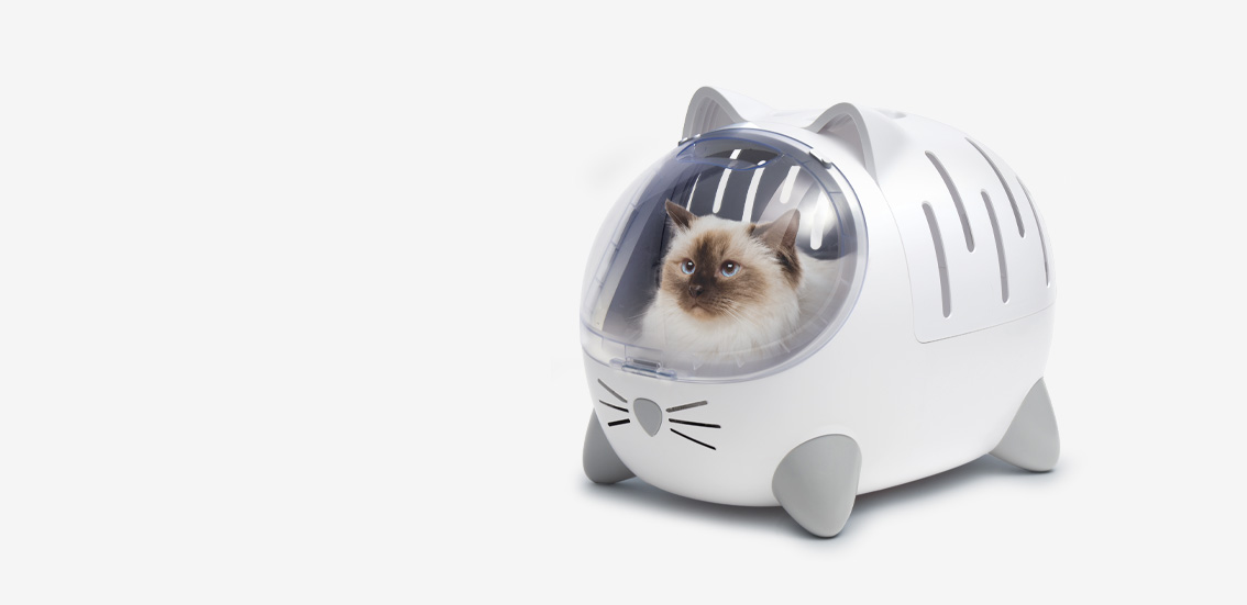 A Ragdoll cat sitting inside a white, cat-shaped PIXI cat carrier with a clear bubble window