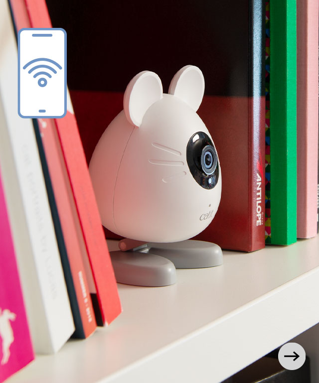 Wifi supported Catit PIXI Smart Mouse Camera on a bookshelf