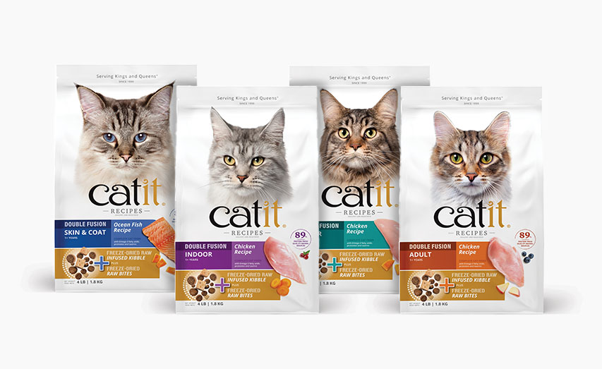 Four bags of Catit Recipes dry cat food featuring various formulas including Skin & Coat, Indoor, and Adult recipes