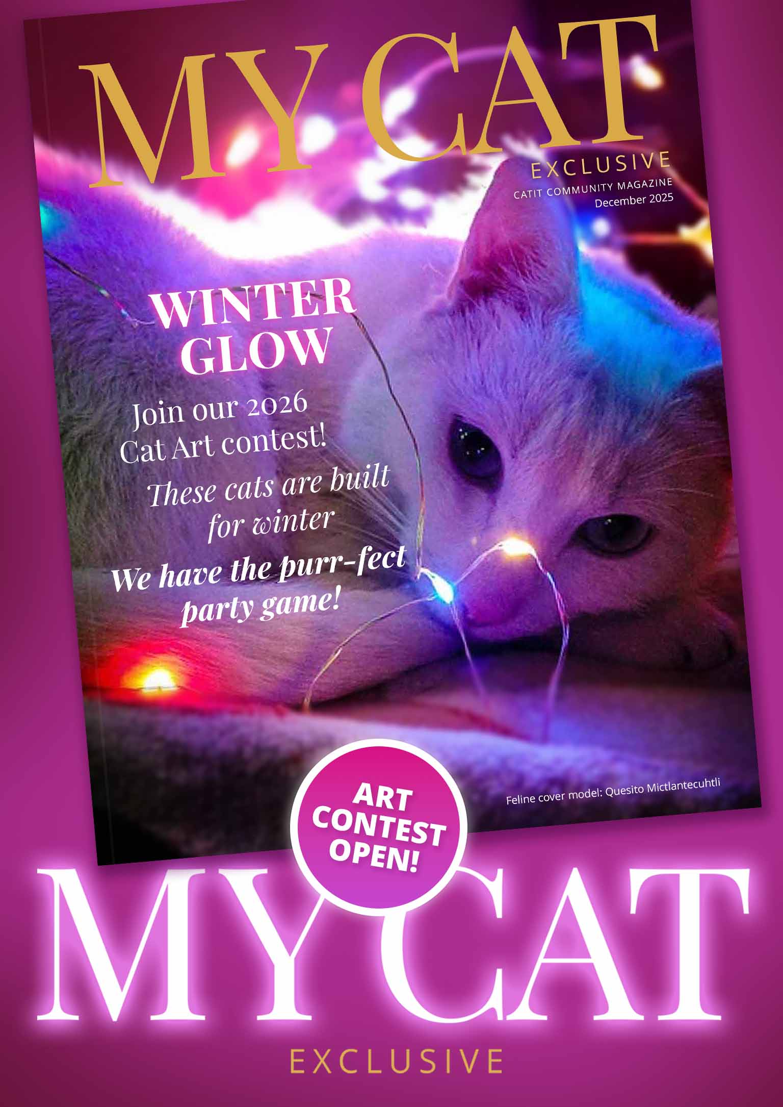 My Cat magazine cover for December 2025 featuring a cat with fairy lights and an announcement for the 2026 Art Contest