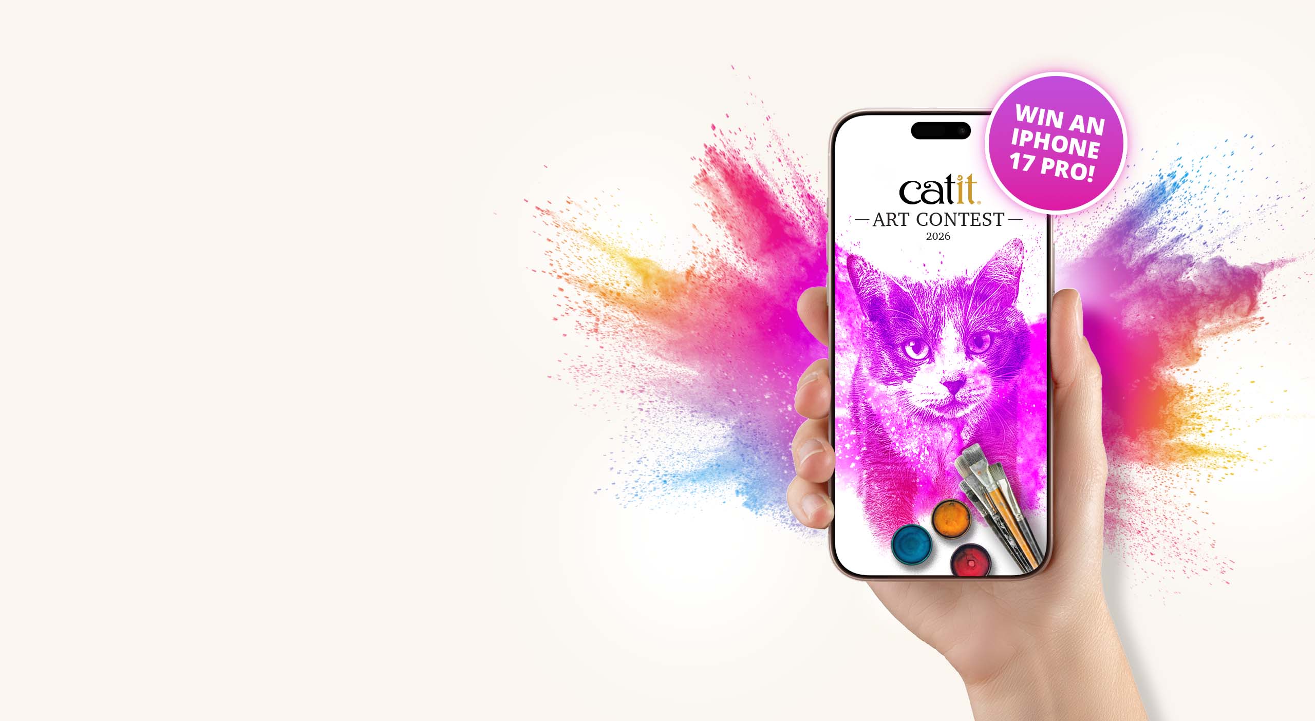 Promotional banner for the Catit 2026 Art Contest, featuring a hand holding a smartphone and the chance to win an iPhone