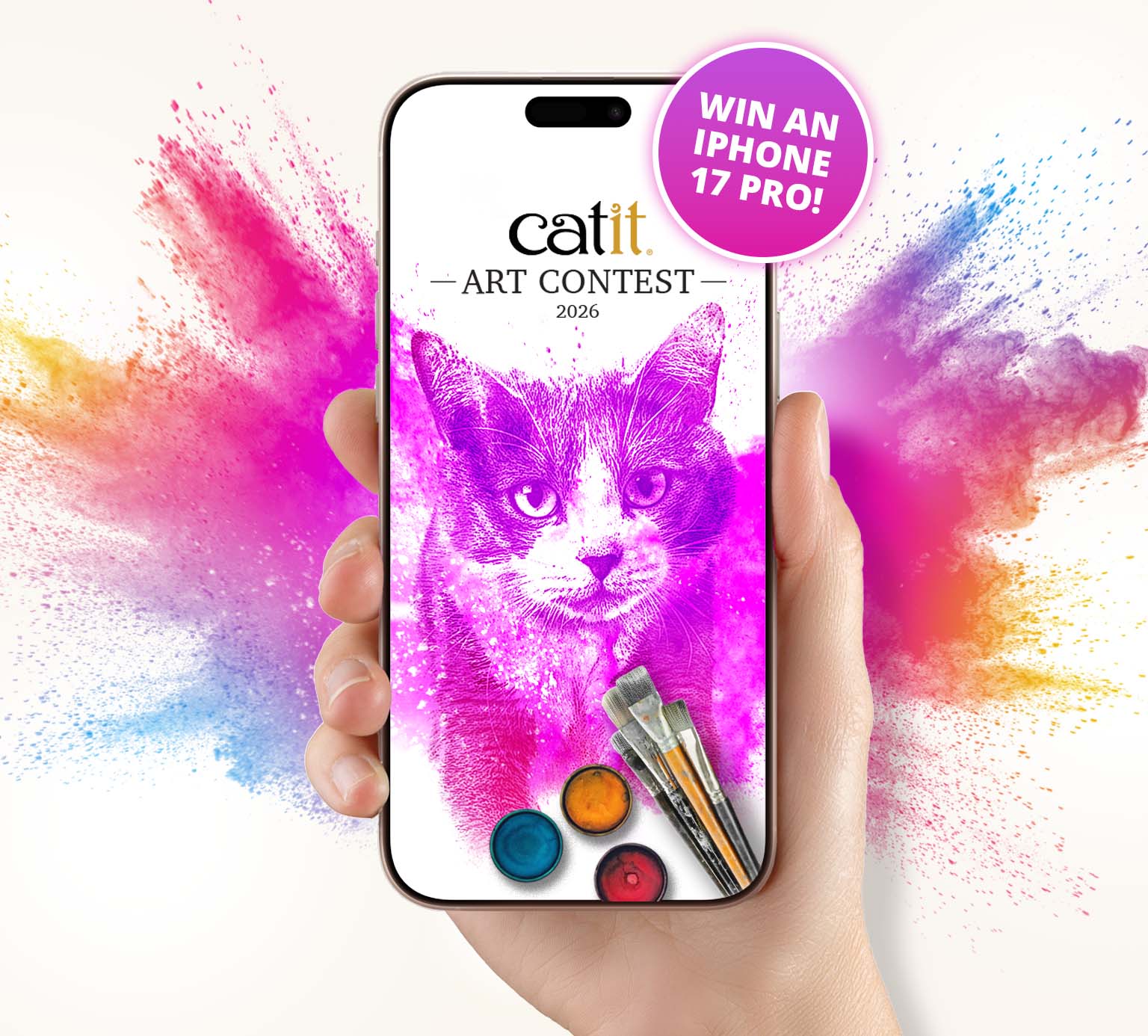 Catit Art Contest 2026 promotional graphic featuring a cat portrait and a chance to win an iPhone 17 Pro
