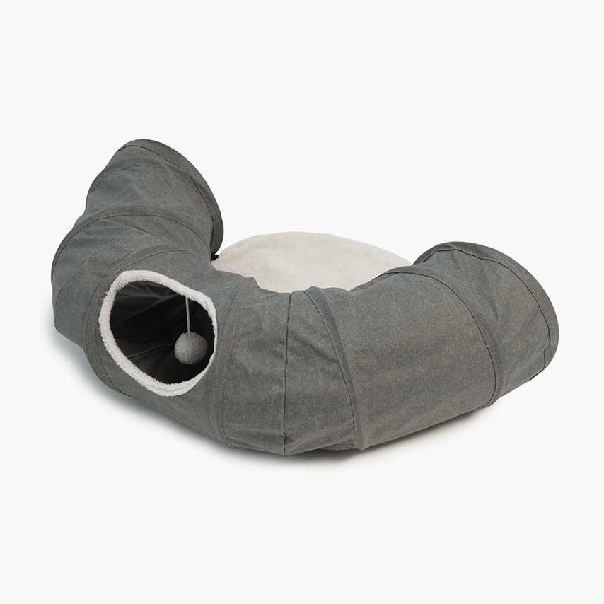 Grey cat tunnel with a plush white interior and a hanging toy ball