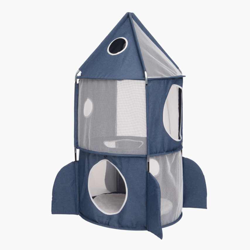 Blue rocket-shaped cat tower with mesh windows and multiple entry points
