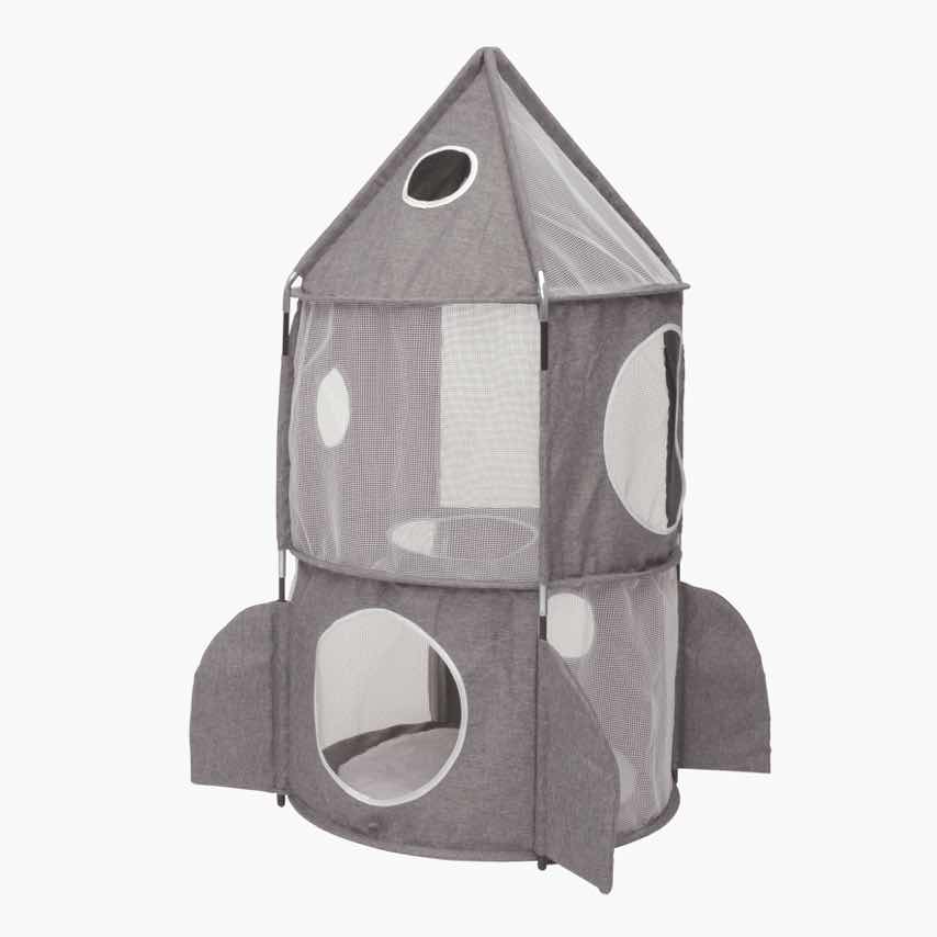 Grey two-story rocket-shaped cat tower with mesh windows and circular openings