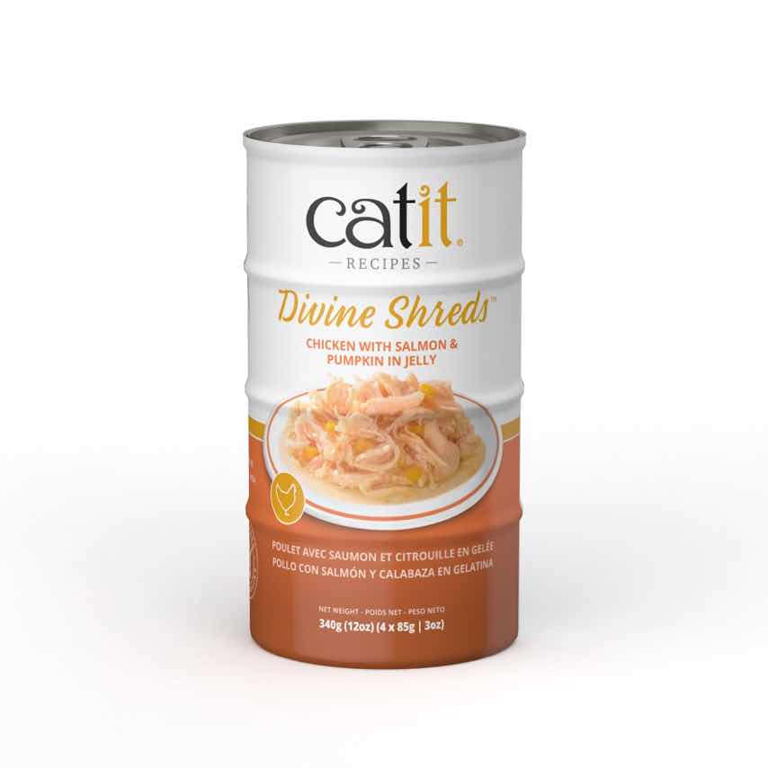 Catit Divine Shreds chicken with salmon and pumpkin in jelly cat food packaging