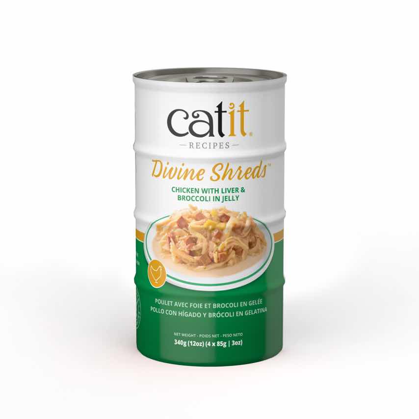 Catit Divine Shreds chicken with liver and broccoli cat food packaging