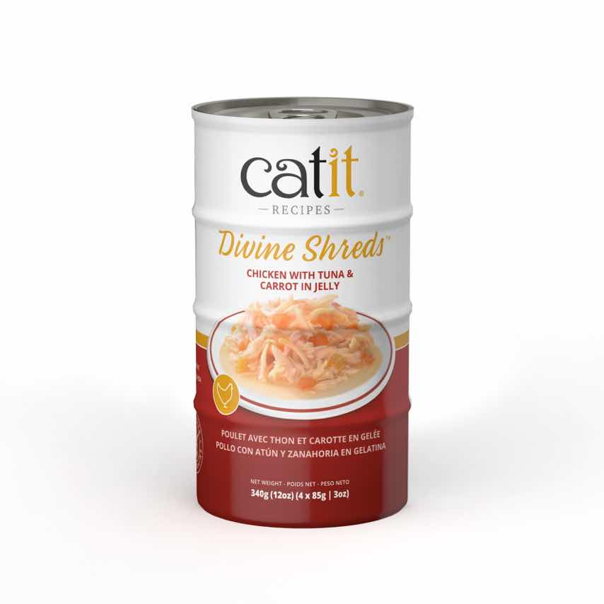 Catit Divine Shreds chicken with tuna and carrot cat food packaging