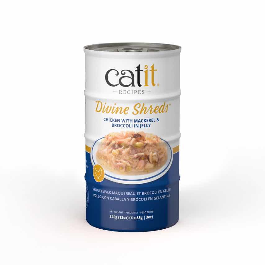 Catit Divine Shreds cat food packaging featuring chicken with mackerel and broccoli in jelly
